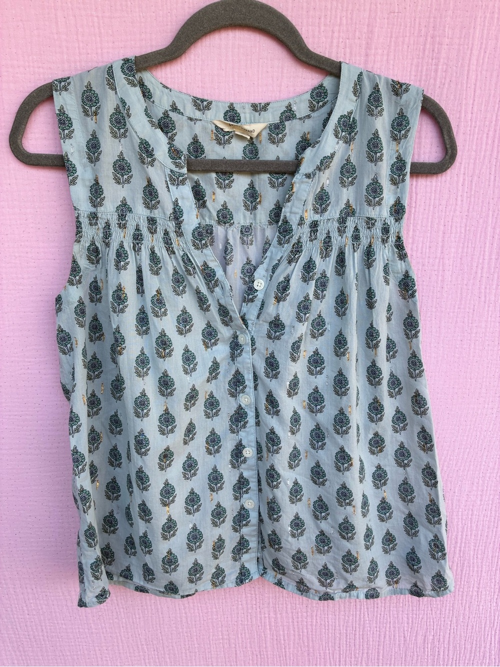Lucky Brand Light Blue Floral Button-Front Boho Top Size Medium